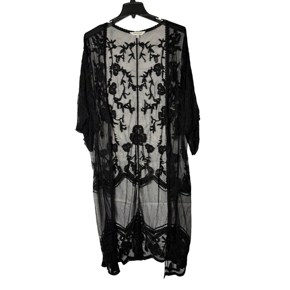 Davi & Dani Black Mesh Floral Embroidered Kimono Duster Cardigan ML